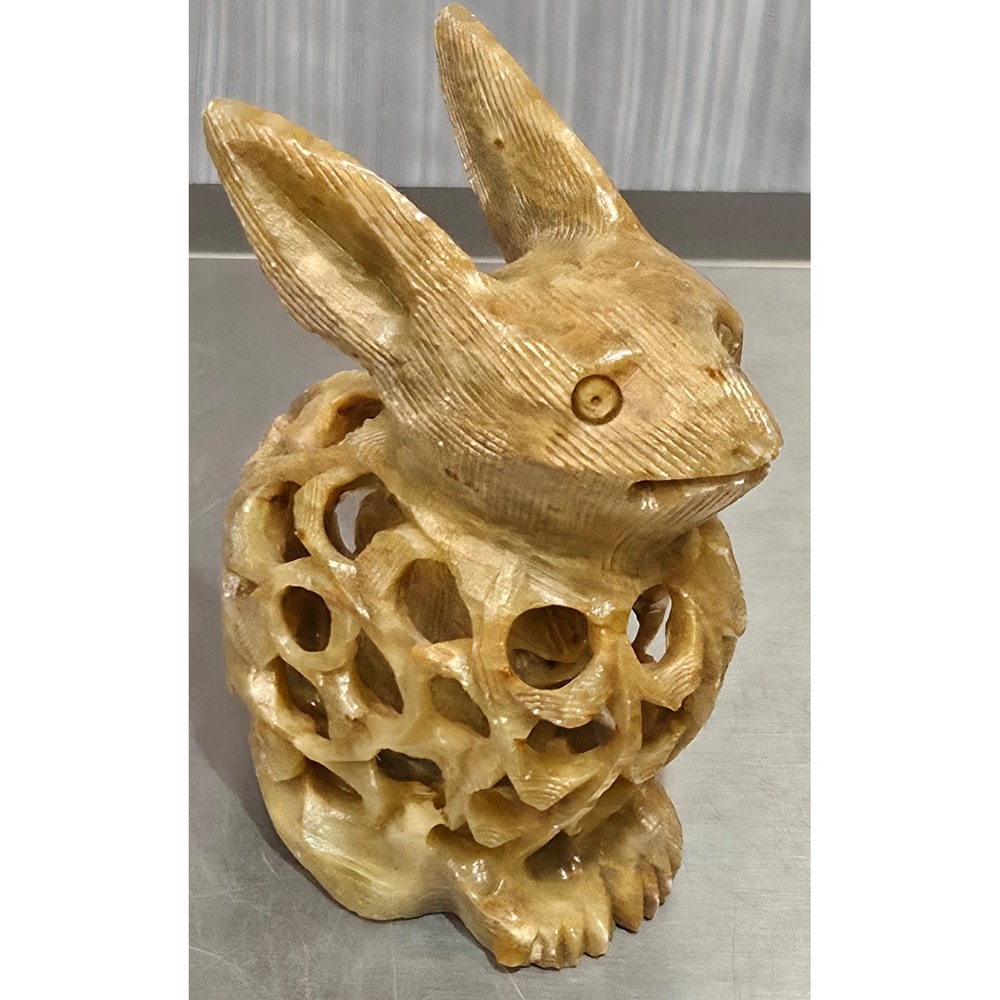 Hand Carved Soapstone Rabbit Figurine Lattice Puzzle Sculpture with Inner Bunny
